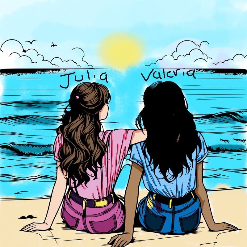 realistic  girls sitting on the beach together on a beach sunset