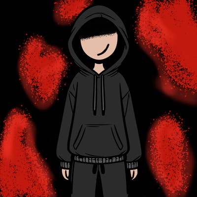 faceless girl in a tracksuit with a hood on and no hair