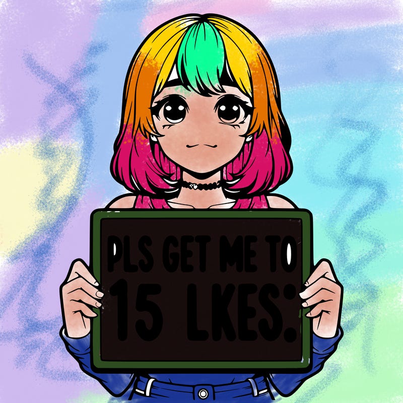 realistic girl holding up a sign that says “pls get me to 15 likes!”