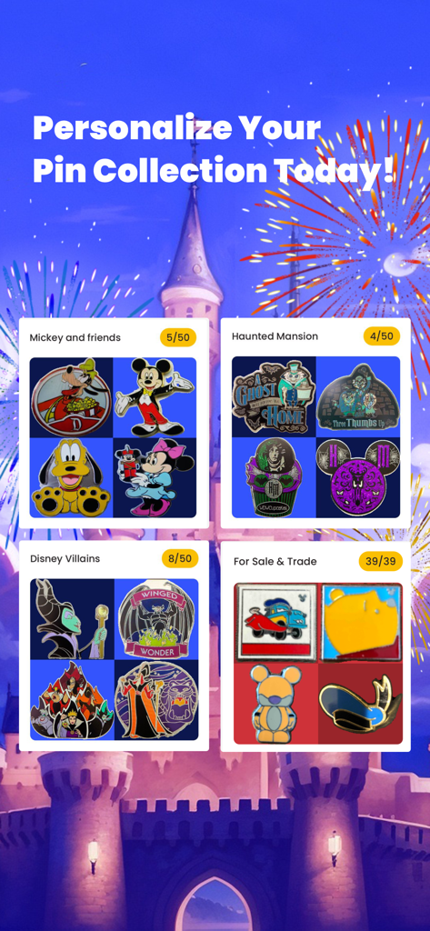 MagicPin app screen showing digital Disney pin boards organized by theme with collection progress