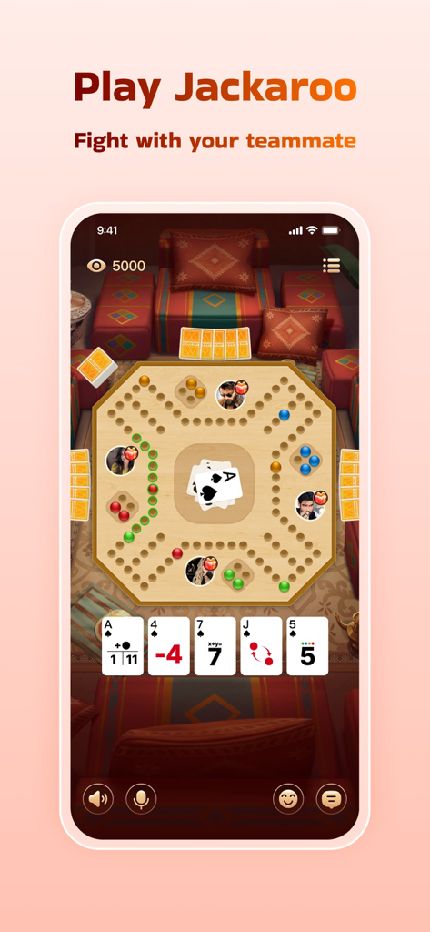 Interface do jogo móvel Masa Club para o jogo de tabuleiro Jackaroo com modo de partida 2v2