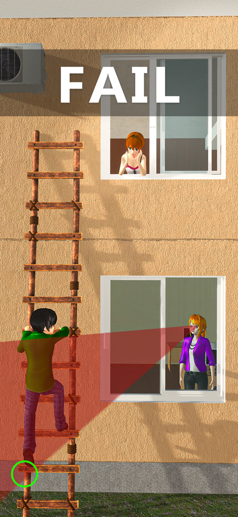 A character in the Secret Kiss game getting caught by a woman's vision cone while climbing a ladder with a FAIL screen overlay.