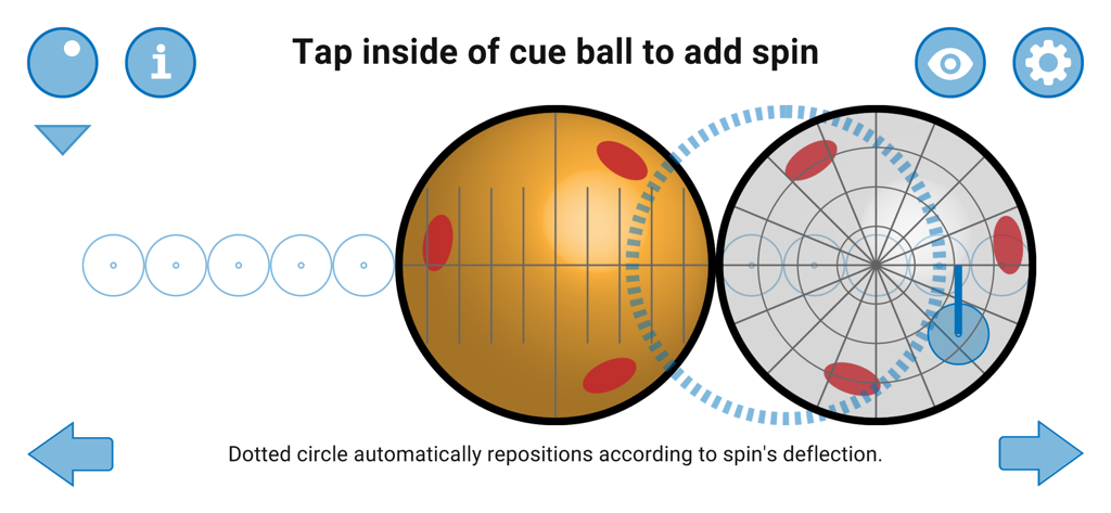 Billiards Aiming Assistant - App interface demonstrating billiard ball spin and deflection calculation