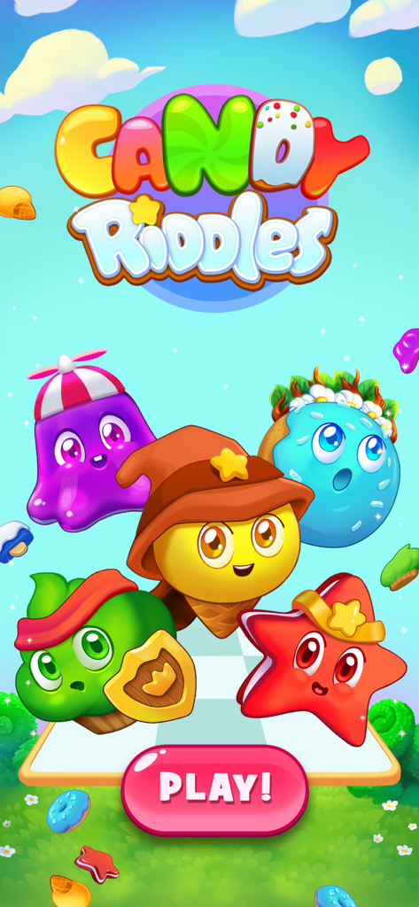 Candy Riddles: Match 3 Puzzle - Title screen of Candy Riddles Match 3 Puzzle showing colorful candy characters and a play button
