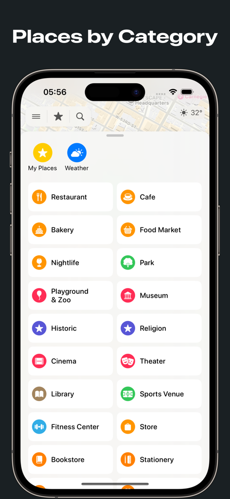 iPhone screen displaying the Bus Times app interface with a list of searchable map categories like restaurants, cafes, and parks.