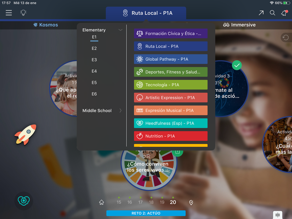 The Knotion DEP app interface on an iPad showing a dropdown menu with various educational subjects like technology, arts, and nutrition for elementary and middle school levels.