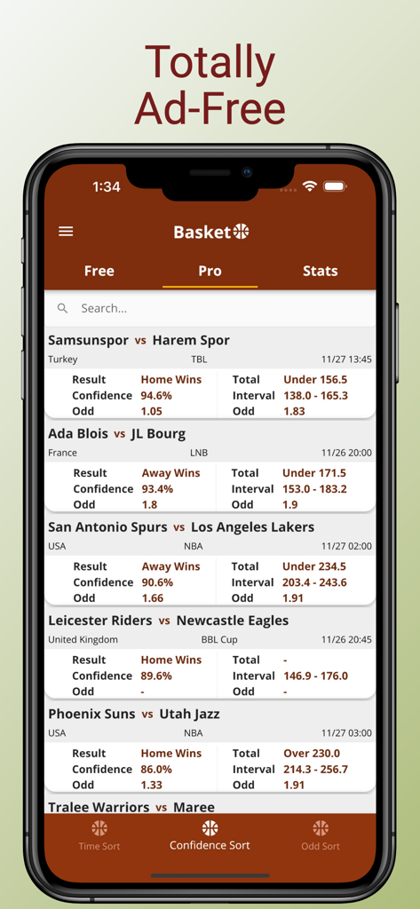 Basketball Betting Tips & Odds - A smartphone screen displaying basketball game predictions with win probability and total score intervals.