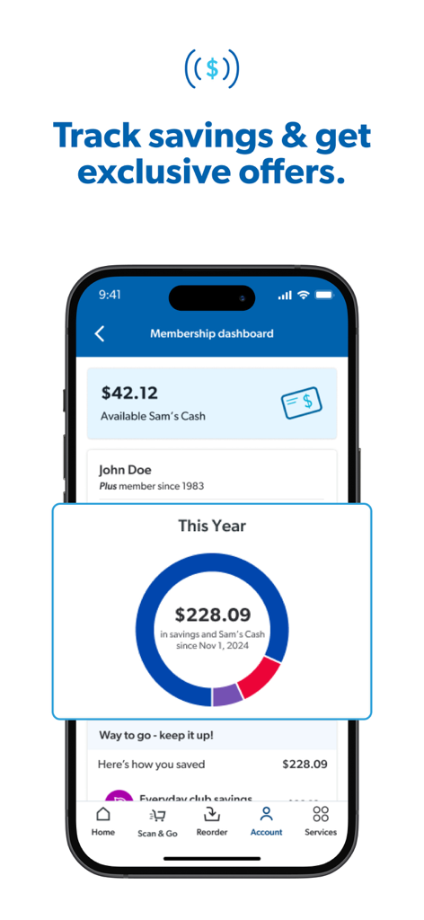 Sam's Club: Pickup & Delivery - Panel de membresía en la app de Sam's Club que muestra los ahorros totales y el Sam's Cash disponible