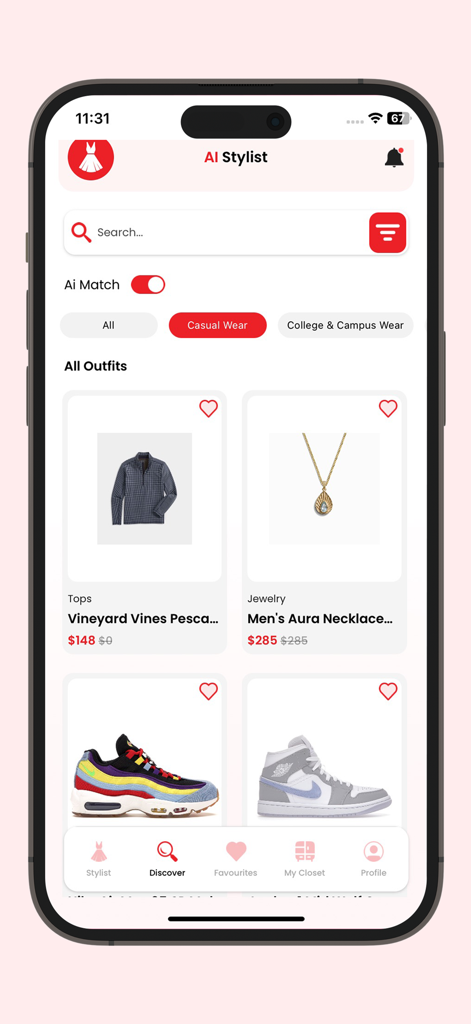 Ai Stylist App - Página Discover do aplicativo Ai Stylist mostrando recomendações personalizadas de roupas e acessórios.