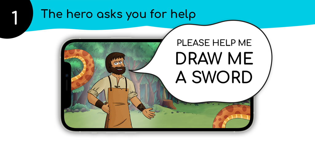 Wakatoon Interactive Cartoons - A cartoon hero on a mobile screen asking a child to draw a sword
