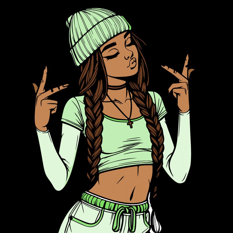 realistic teenage girl with braids and a beanie and crop top doing 🫶🏼
