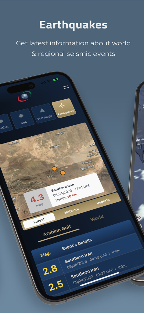 Screenshot of the Weather UAE app earthquake tracking interface showing a seismic map and magnitude details for the Arabian Gulf region.