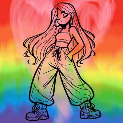 girl in baggy pants crop top and long hair