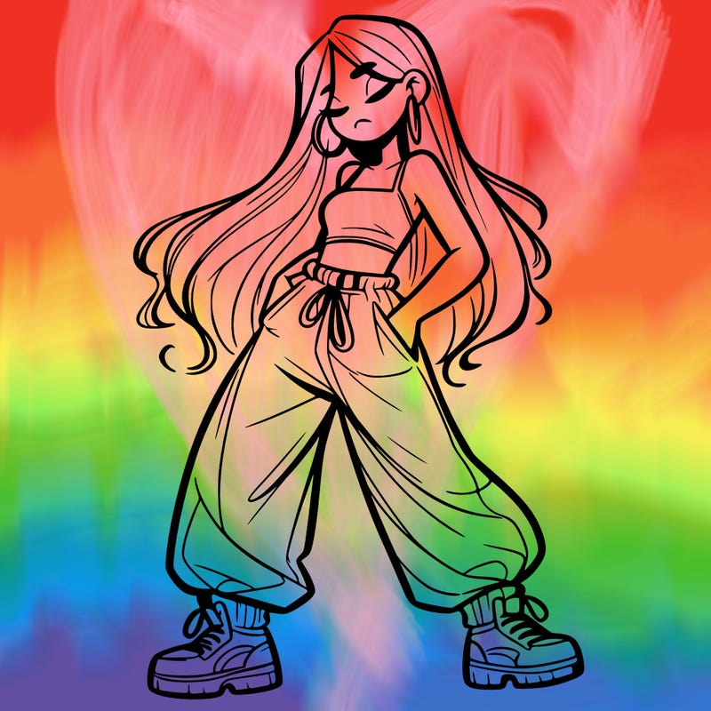 girl in baggy pants crop top and long hair