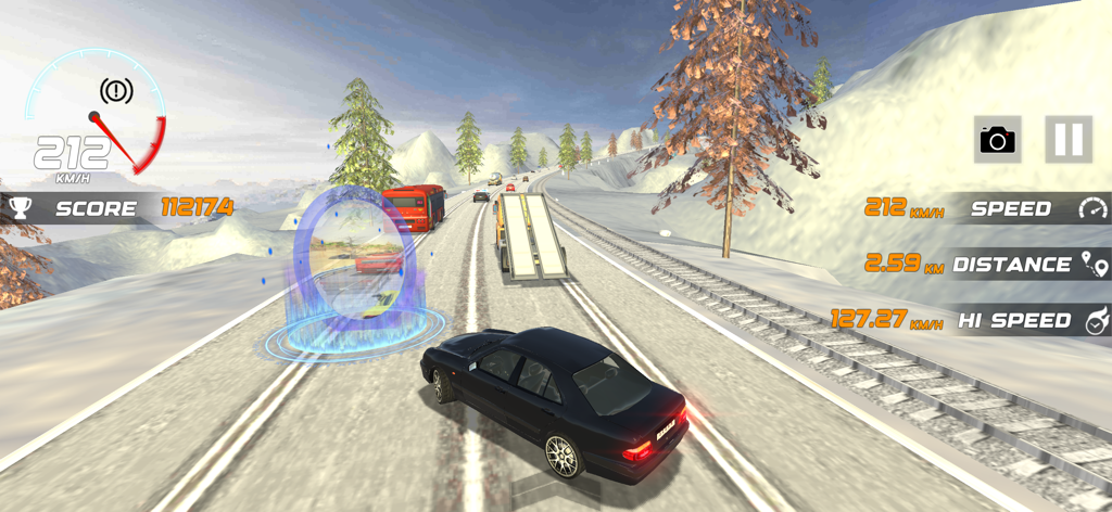 Highway Traffic Racer Car Ride - Gameplay of a black car driving through traffic on a snowy highway in Highway Traffic Racer.