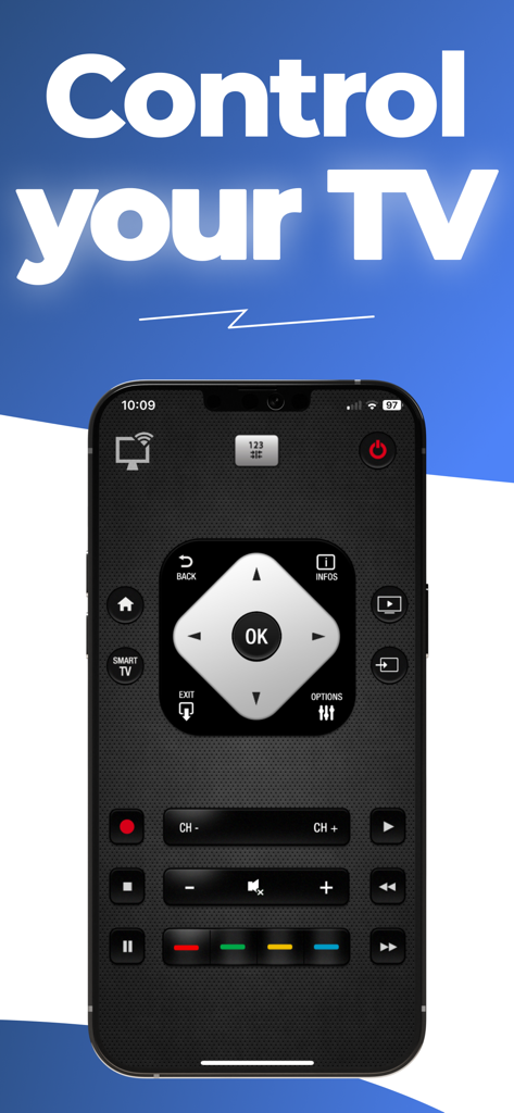 Phil : tv remote - Interfaz de la aplicación de control remoto Phil TV mostrando un control remoto virtual en la pantalla de un smartphone