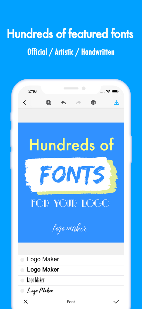 Logo Maker & graphic design - Interfaz de la aplicación Logo Maker mostrando varias opciones de fuentes para diseño gráfico y branding.