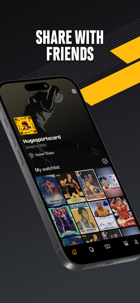 Center Stage: Sports Cards - A mobile interface from Center Stage app showing a user profile with a sports card watchlist and a Share with Friends call to action.