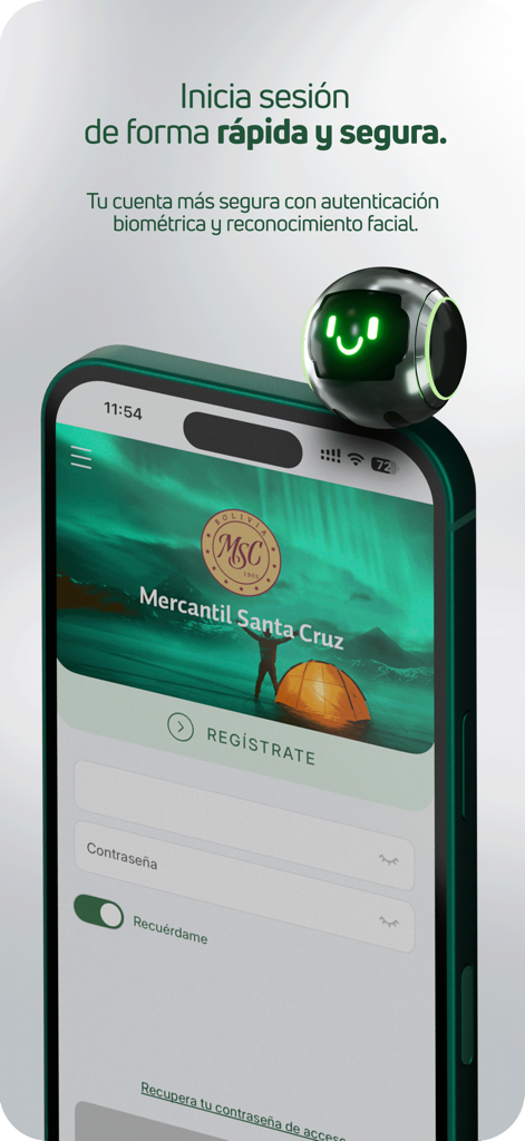 Login screen of the BMSC Movil app featuring biometric and facial recognition security options