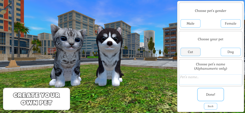Cute Cat And Puppy World - Pet customization screen in Cute Cat And Puppy World with options to choose gender, type, and name
