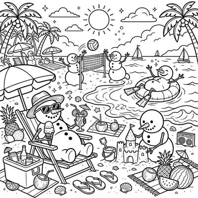 Experience the unexpected joy of snowmen embracing summer! This delightful coloring page features classic snowmen enjoying beach volleyball, relaxing by the sea, and building sandcastles under the warm sun.