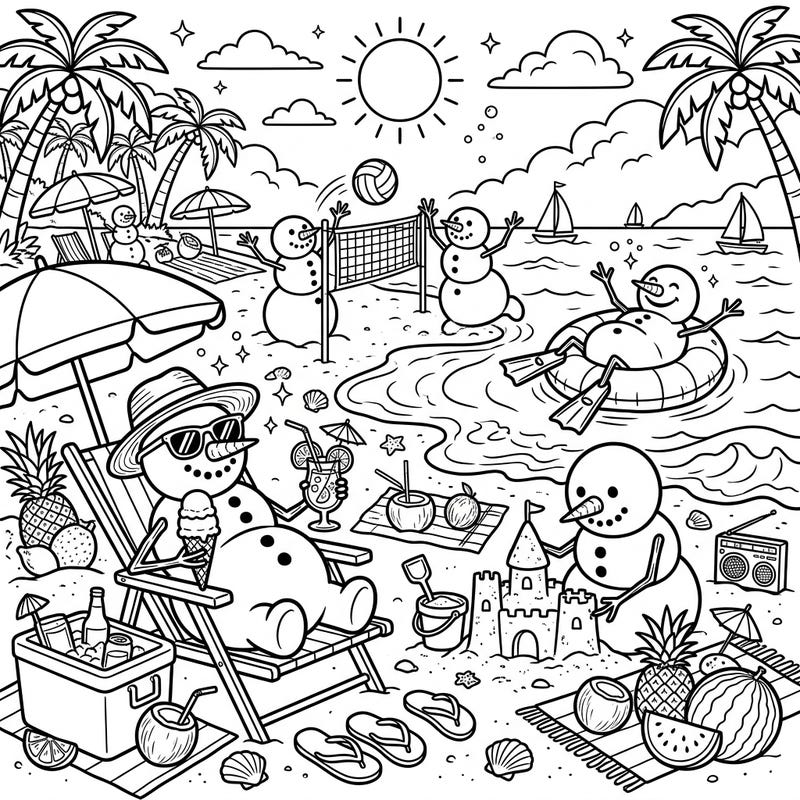 Experience the unexpected joy of snowmen embracing summer! This delightful coloring page features classic snowmen enjoying beach volleyball, relaxing by the sea, and building sandcastles under the warm sun.