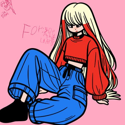 a girl with baggy pants and a crop top with long hair