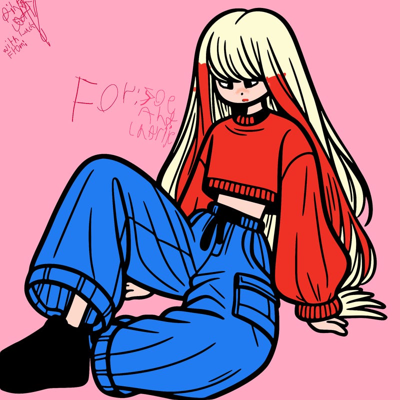 a girl with baggy pants and a crop top with long hair