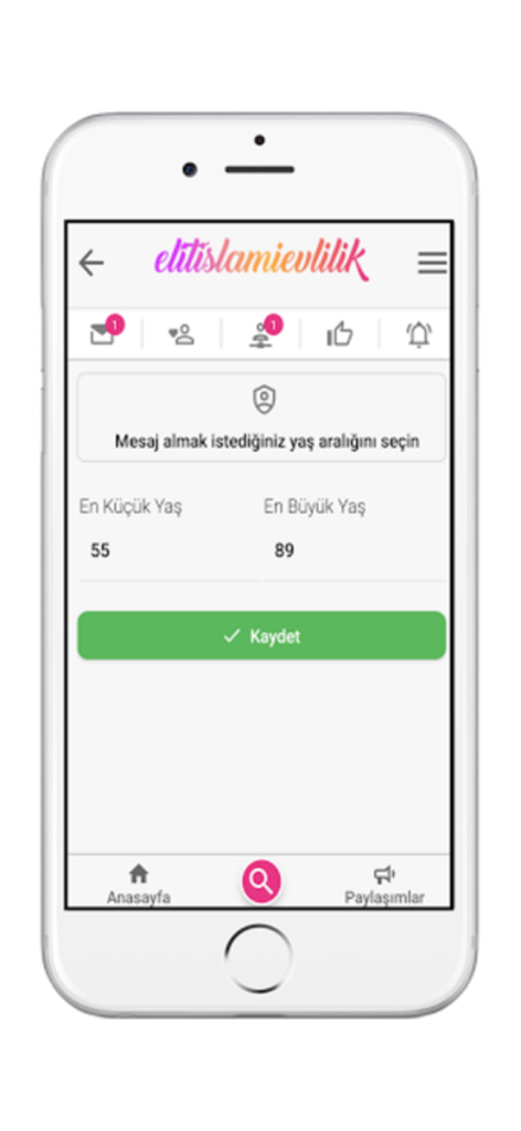 Elit İslami Evlilik Sitesi - Mobile app screen showing age range filter settings for receiving messages on Elit Islami Evlilik platform