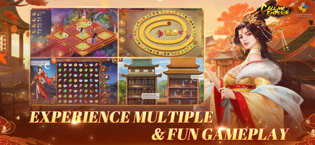 A collage showing different gameplay modes in Call Me Emperor like puzzles and strategy next to a royal character