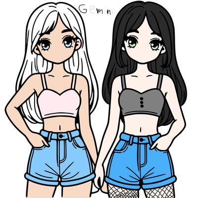 two sisters with crop tops and jean shorts and straight hair