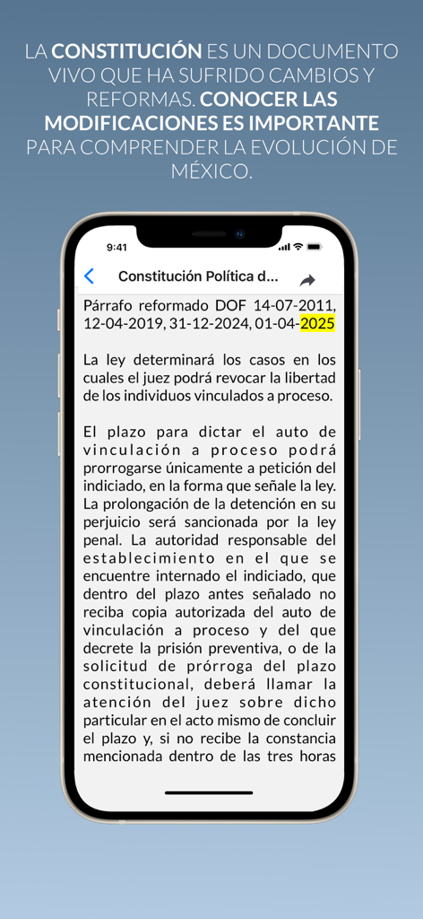 Constitución México - Pantalla de teléfono inteligente que muestra artículos legales actualizados y reformas dentro de la aplicación Constitución de México