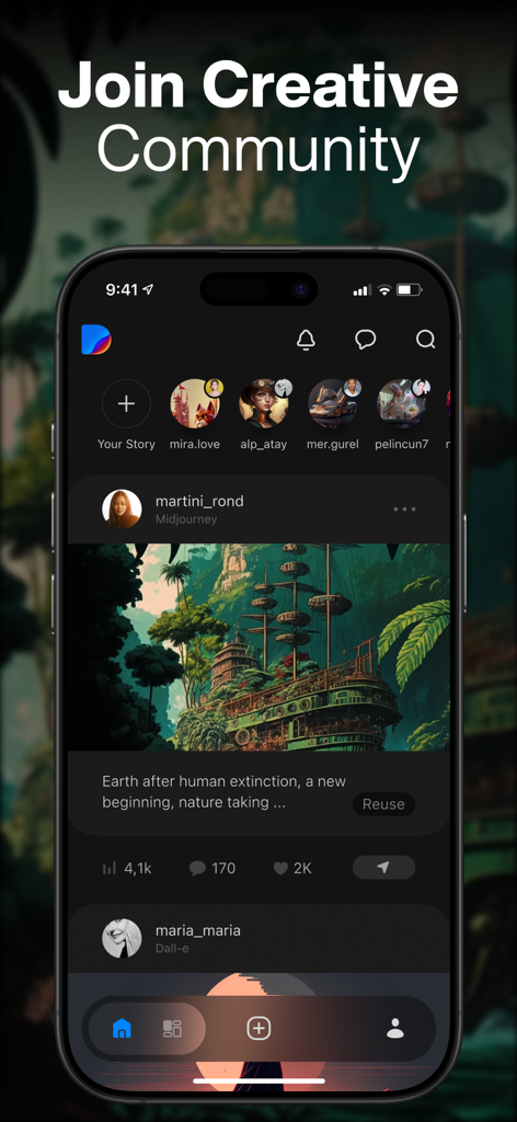 Un smartphone que muestra el feed social de la aplicación IA DaVinci con el texto Únete a la Comunidad Creativa y varias obras de arte generadas por usuarios.