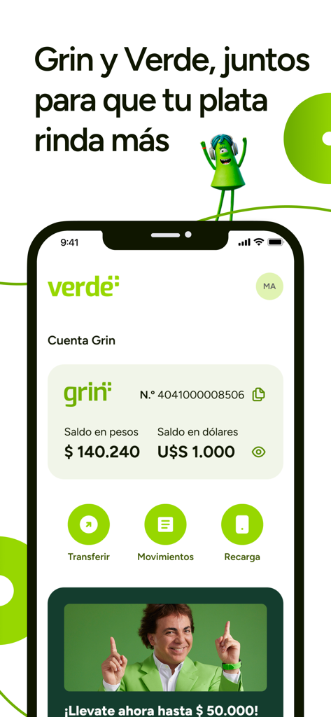 Verde FUCAC - Panel de la app móvil Verde FUCAC que muestra saldos de cuenta Grin en pesos uruguayos y dólares estadounidenses.