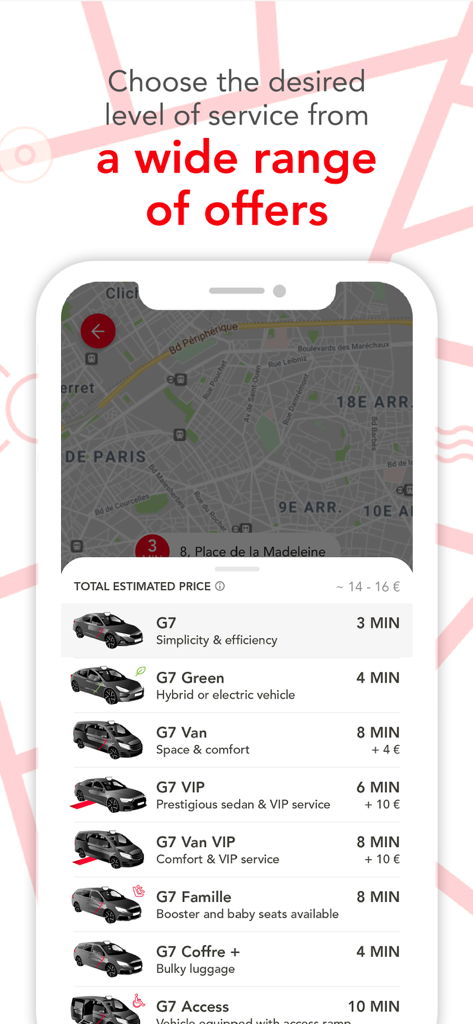 G7 taxi app screen showing various car service options and booking categories in Paris
