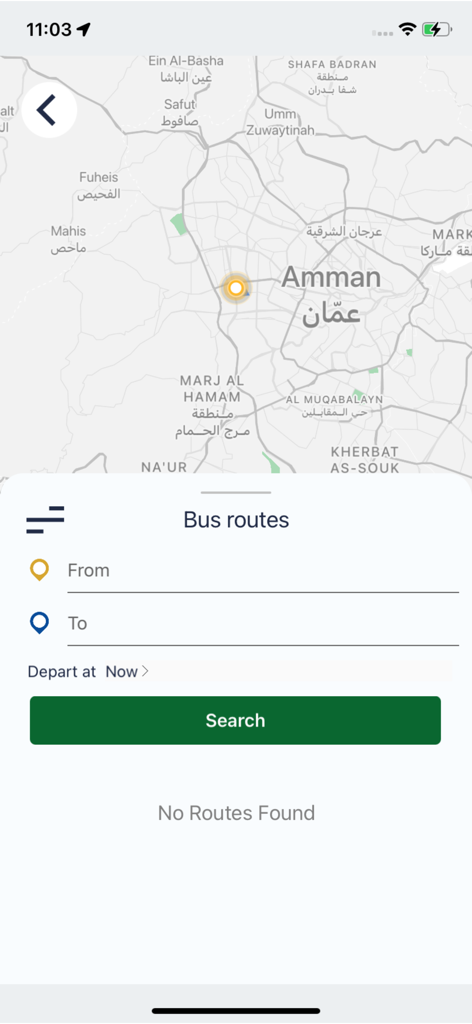 Écran de recherche d'itinéraire de bus de l'application Sayr by RAKTA avec une interface cartographique