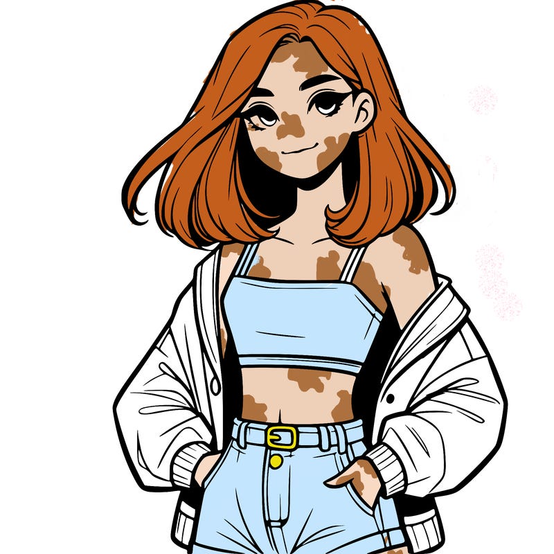 a realistic girl with a crop top and short shorts in an open jacket