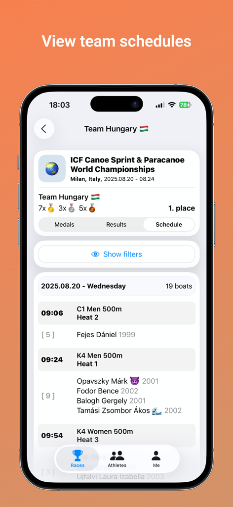 Kajakapp - Screenshot of Kajakapp showing a detailed race schedule for Team Hungary at the ICF Canoe Sprint World Championships.