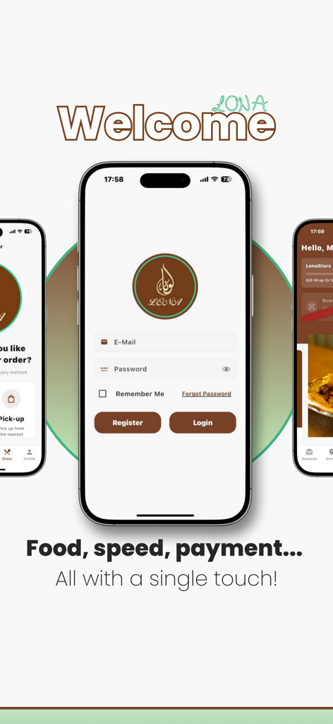 Pantalla de bienvenida de la app móvil Lona Grill House que muestra las opciones de inicio de sesión y registro