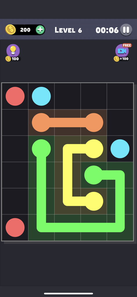 Same Color: Connect The Dots - Gameplay screen of Same Color Connect The Dots showing a puzzle grid with colorful paths.
