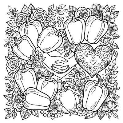 Celebrate Mother's Day with this beautifully intricate coloring page, combining the fresh charm of bell peppers with delicate floral arrangements and heartfelt symbols. It's a perfect way to express love and creativity for the special women in your life.