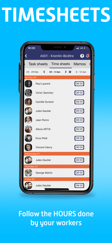 Alobees - Alobees app interface showing a list of workers and their logged hours for construction site management