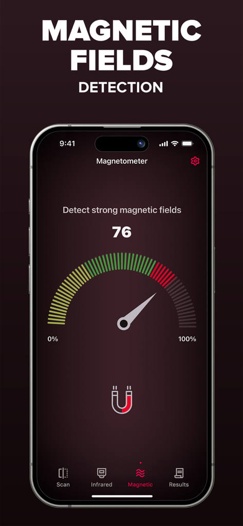 Smartphone app interface showing a magnetometer gauge for magnetic field detection