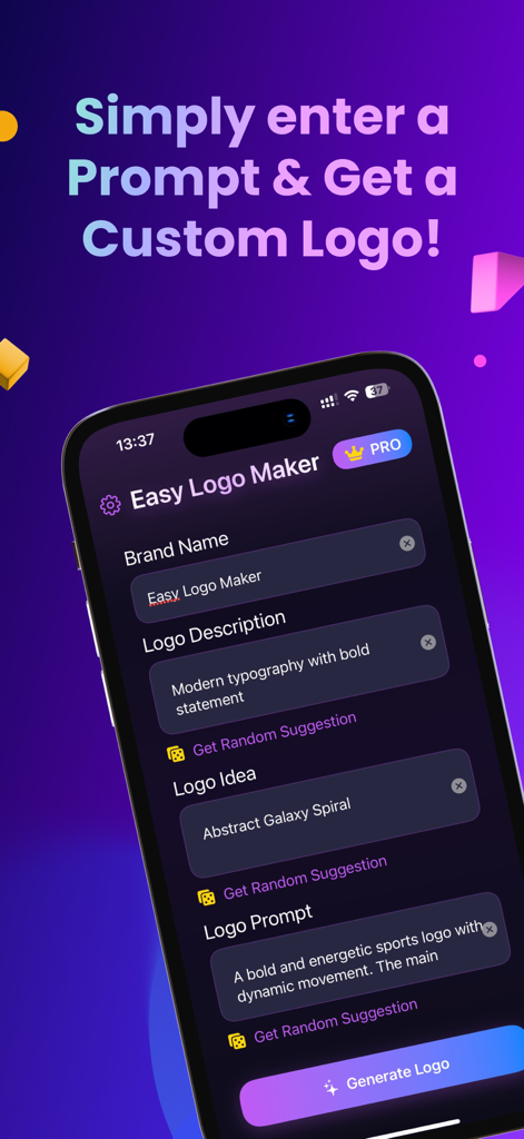 Easy Logo Maker Ai - Oberfläche der Easy Logo Maker AI App mit Feldern zur Eingabe von Markennamen und Logo-Prompts.
