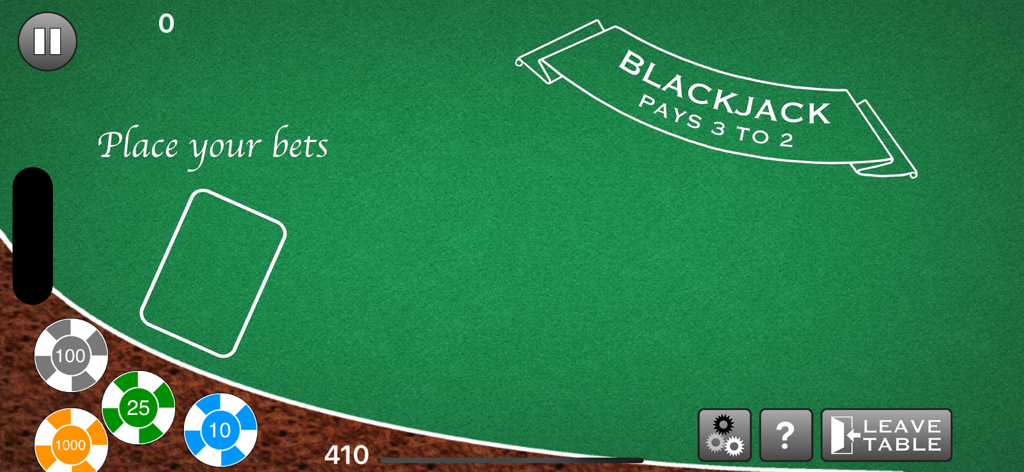 Blackjack - Gambling Simulator - Virtueller Blackjack-Tisch mit Casino-Chips und einer Aufforderung, Wetten zu platzieren.