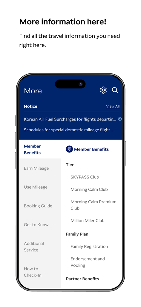 Korean Air My app interface displaying SKYPASS member benefits and tier information