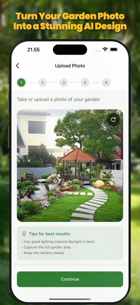 AI Garden Design landscape - Mobile app interface showing the upload photo step for AI garden design with a preview of a landscaped backyard including a gazebo and stone path