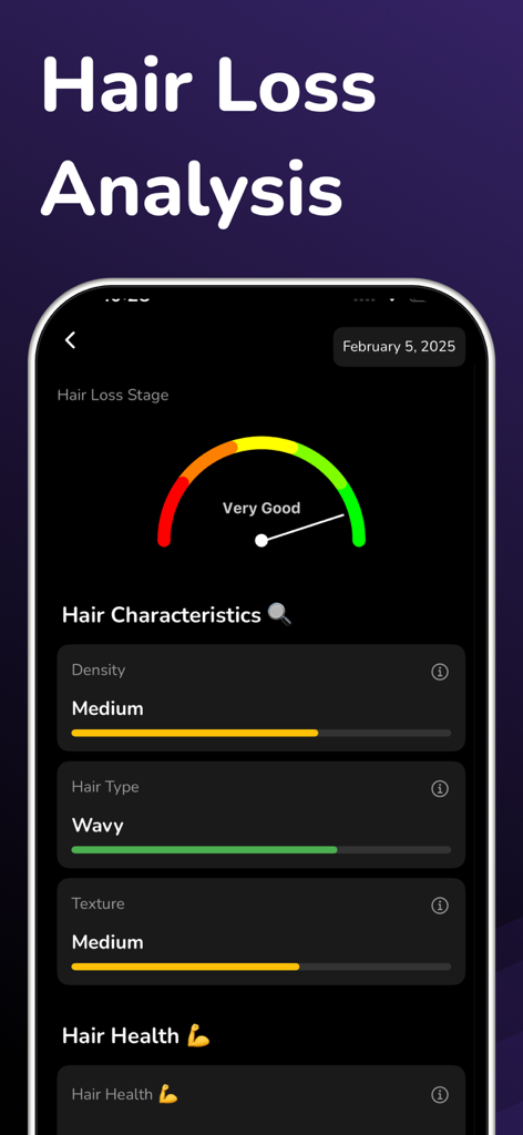 Hair Snap - AI Health & Care - Hair Snap app interface showing hair loss analysis results and hair characteristics