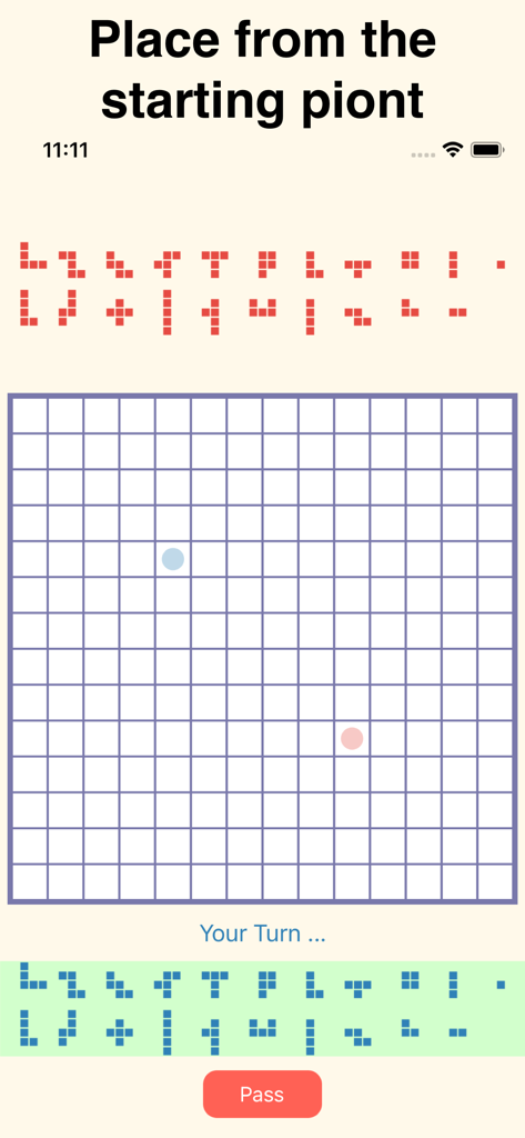 Blokus Online - Interface du jeu Blokus Online montrant le plateau de jeu et les pièces géométriques au début d'une partie.