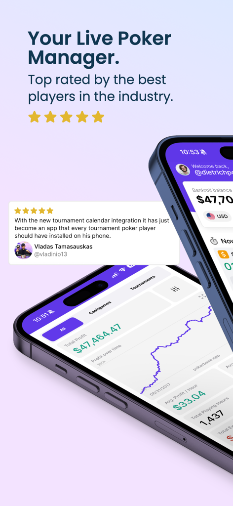 Pokerbase - Tracking & Staking - Pokerbaseアプリのスクリーンショット。バンクロール追跡の利益グラフとユーザーの証言が表示されています。